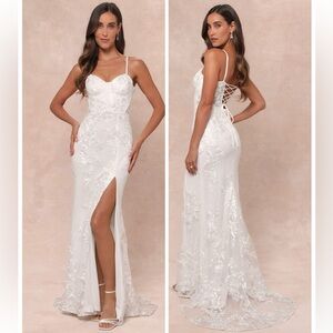 Lulus Ethereal Elegance White Embroidered Lace-Up Maxi Wedding Dress Size Medium
